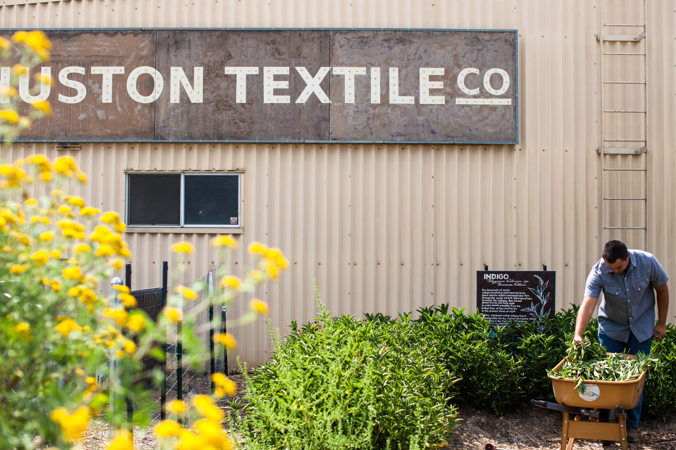 photograph-of-outside-of-huston-textile-company-with-brown-sign-and-garden-with-worker