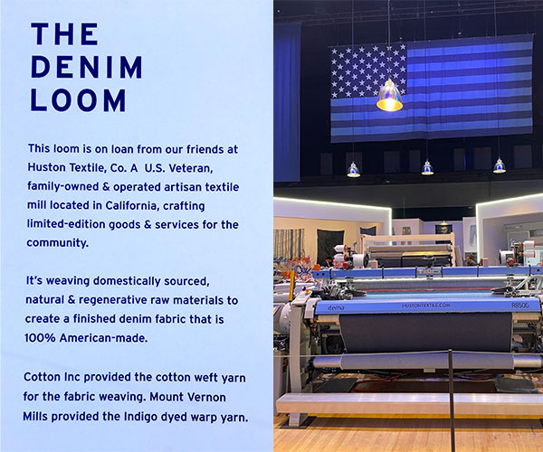 Split colored advertisement titled 'The Denim Loom' from the recent celebration of the 150th anniversary of the iconic Levi's 501 jean - left side text and right side is colored picture with the American flag (denim themed) above the on site Huston Textile Itema R9500 loom weaving denim.